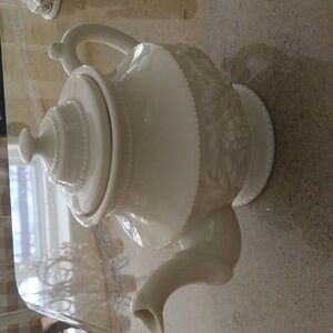 Porcelain white teapot 10 1/2" wide x 7" french country cottagecore shabby chic